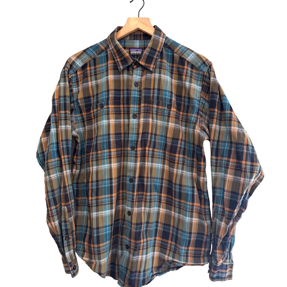 Patagonia Organic Cotton Plaid Shirt Mens Medium Blue Brown Teal Button Up